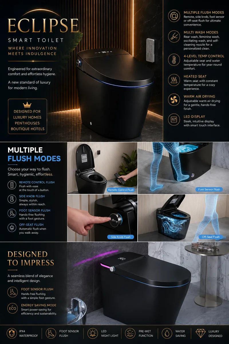 The FlowLux Eclipse – Matte Black Tankless Smart Toilet